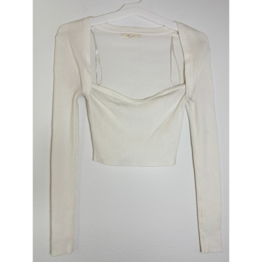 Mable Ribbed Knit Long Sleeve Crop Top Cream Sweetheart Neckline Small